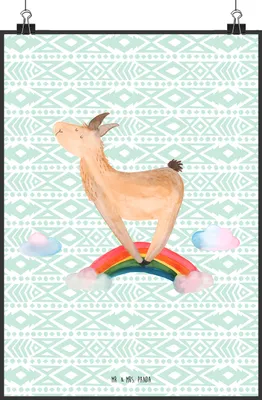 Produktbild von Mr. & Mrs. Panda Bild Lama Regenbogen DIN A0 - Aztekenblau - Geschenk, Lamas, Wandbild, Plakat, wanddeko, Freiheit, Wanddekoration, Hobby, Selbstständig, drucke