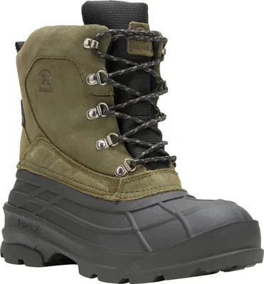 A single green and black winter boot is shown against a white background.