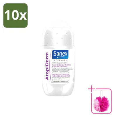 Imagen del producto de 10 roll-on desodorantes Sanex Advanced Atopiderm para pieles sensibles, 50 ml - Paquete ahorro - 10 unidades