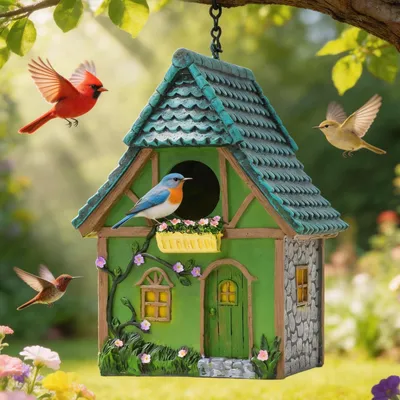 Produktbild von Vogelhaus für draußen aus Kunstharz mit Kette bunt grauem Ziegeldach wetterfest