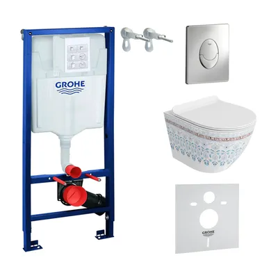 Produktbild von GROHE Vorwandelement Solido Start + Wand Hänge WC Sofi Slim Folklor Spülrandlos + WC-Sitz SoftClose | Verchromter Knopf | Komplettset | Unterputz Spülkasten |  Toilette Komplett Sett