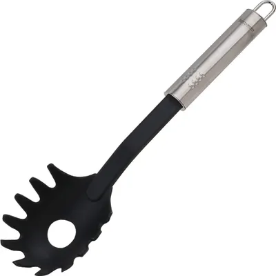 Produktbild von Fackelmann Spaghettilöffel 30 cm OVALGRIFF, Nudellöffel aus Edelstahl und Kunststoff, Küchenhelfer für beschichtete Pfannen und Töpfe (Farbe: Silber/Schwarz)