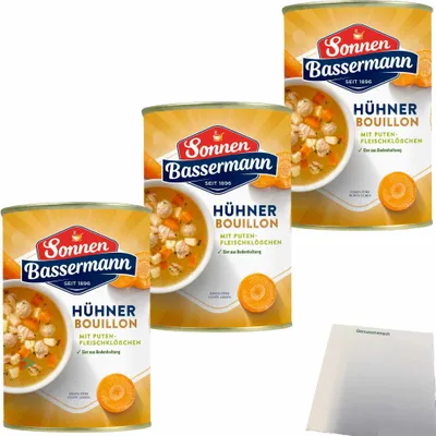 Produktbild von Sonnen Bassermann Hühnerbouillon mit Putenfleischklößchen 3er Pack (3x400ml Dose) + usy Block