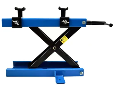 A blue and black scissor lift motorcycle jack is shown against a white background.