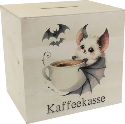 Produktbild von niedliche Fledermaus mit Kaffeetasse Spardose aus Holz mit Spruch Kaffeekasse