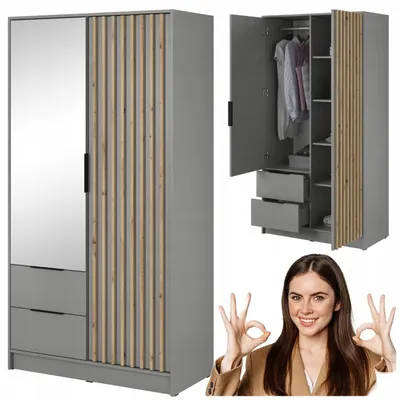 Zdjęcie produktu dla Szafa z lustrem i lamelami 2-drzwiowa do sypialni 105cm 2 szuflady szara NELLY
