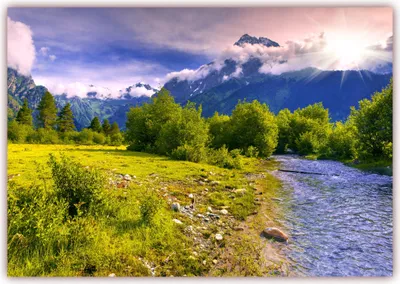Produktbild von XXL Poster 100 x 70cm (S-818) Gebirgsfluss durch gewaltiges nebelumkröntes sonnenumflutetes Gebirgsmassiv  (Lieferung gerollt!)