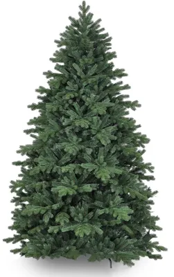 A full shot of a green artificial Christmas tree on a white background.