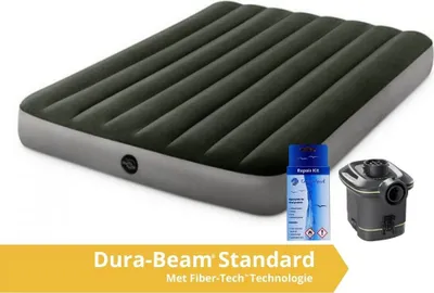 An inflatable mattress with a pump and repair kit, presented on a white background with text overlay.