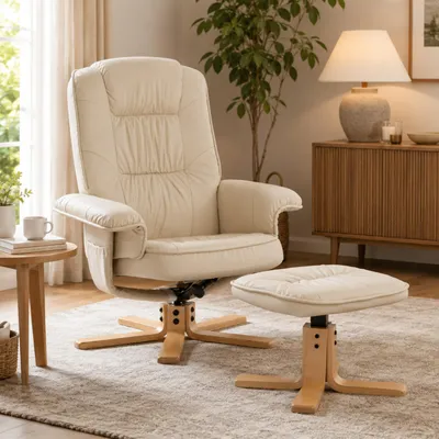 Immagine prodotto di Poltrona relax M56, poltrona TV Poltrona TV con sgabello pouf, Similcuoio, legno di eucalipto ® ~ crema
