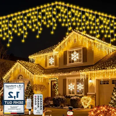 Immagine prodotto di Catena luminosa a forma di cristalli di ghiaccio – Luci natalizie per esterni – Decorazioni per l'esterno – Con funzione timer – 17 metri – Luce bianco caldo