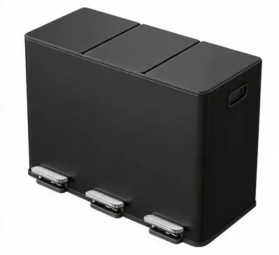 Image de Poubelle de cuisine triple compartiment - Poubelle à pédale - 3 compartiments de 15 litres - Tri des déchets et recyclage - Acier inoxydable - Pédales de couleur - Noir