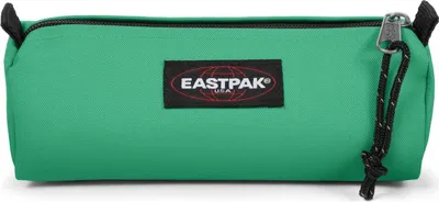 A green Eastpak pencil case is shown against a white background.