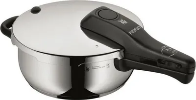 A close-up shot of a pressure cooker on a white background.