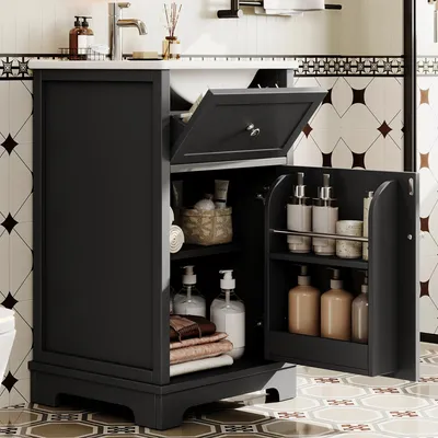 Produktbild von Merax Freistehender Badezimmerschrank, Badezimmerwaschtisch mit Keramikbecken, Waschbeckenunterschrank mit Schublade, Schwarz