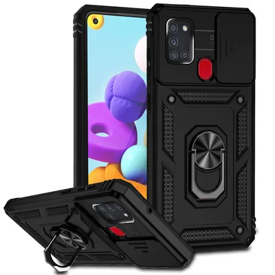 Immagine prodotto di Custodia per Samsung Galaxy A21S a doppio strato con copertura scorrevole della fotocamera e supporto ad anello nero