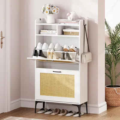 Produktbild von Dripex Schuhschrank mit Rattan-Dekoration, mit 2 klappbaren Schubladen, und Metallfüßen für Eingang, Flur, Wohnzimmer (Rattan Weiß, 60 cm)