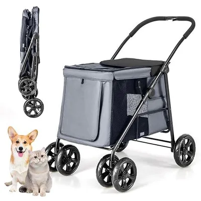 Imagen del producto de Carrito para perros, plegable, hasta 40 kg, con cojín, con ventanas de malla, compartimento superior, 2 puertas y bolsillos laterales. Cochecito para mascotas, ideal para perros y gatos (gris)
