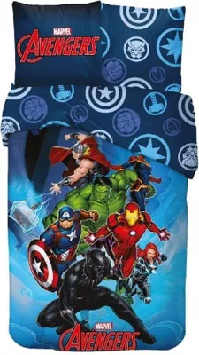 Zdjęcie produktu dla Unyqoos® Marvel The Avengers, komplet pościelowy do łóżka jednoosobowego (140x200 cm) - 100% bawełna, zawiera poszewkę na poduszkę 63x63 cm, dwustronny