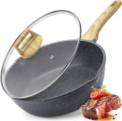Immagine prodotto di Wok con coperchio, diametro 28 cm - Rivestimento antiaderente in granito, adatto a tutte le fonti di calore