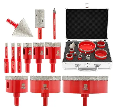 Obrázek produktu pro Sada diamantových vrtáků 13 kusů (6-100 mm) s frézou, úhlovým vrtákem a vrtáky z karbidu pro porcelán, keramiku, mramor a žulu