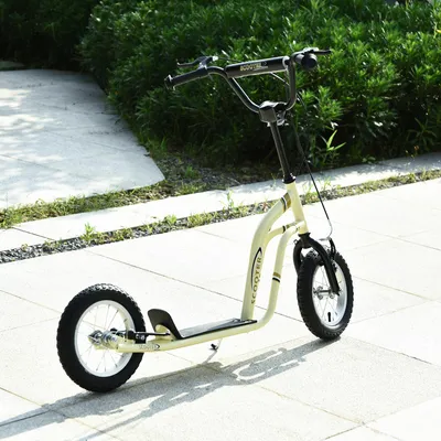 Zdjęcie produktu dla Tretroller, hulajnoga dla dzieci z podwójnym hamulcem, metalowa rama aluminiowa, kolor beżowy | od 5 lat | maksymalne obciążenie 100 kg | średnica kół 12 cali | wymiary: 120x58x95 cm