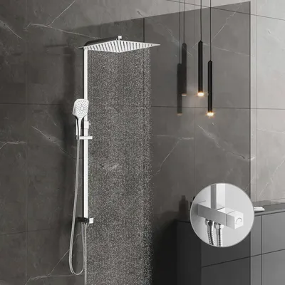 Produktbild von Duschsystem ohne Armatur, Regendusche Ohne Armatur,Duschset mit Duschkopf 30x30cm, Handbrause mit 3 Strahlarten, Edelstahl Duschstange Höhenverstellbar,Quadrat