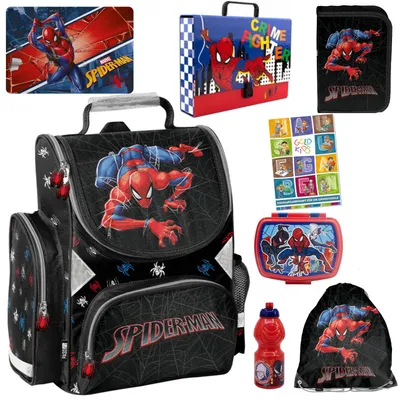 Produktbild von Schulranzen für Jungen und Mädchen, 8er-Set - Schul-Rucksack für Kinder mit Federmäppchen - Schuhbeutel Trinkflasche und Brotdose - Spiderman Motiv