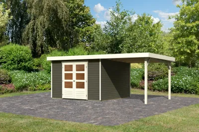 Produktbild von Karibu Gartenhaus Gerätehaus Askola 6 im Set mit Anbaudach 2,40 m Breite terragrau 522x306x216 cm