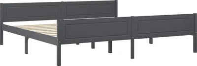 A dark gray wooden bed frame with a slatted mattress base is shown against a white background.
