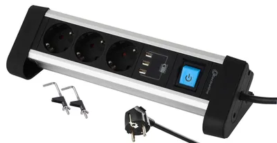 Zdjęcie produktu dla Listwa gniazd elektrycznych Electraline 62559, 3-gniazdowa, aluminiowa, do biurka, z 3 portami USB 3.4A