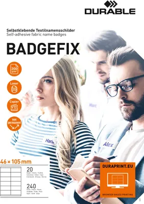Immagine prodotto di DURABLE Portanome in tessuto BADGEFIX 46x105 mm adesivo, 240 pezzi, Bianco, 836302