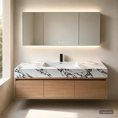 Produktbild von Badmöbel-Set mit Sinterstein-Waschbecken, wandhängendem Waschtischunterschrank, Waschtisch, Waschplatz-Set fürs Badezimmer 120 x 55 cm【YBTC336JG-120】