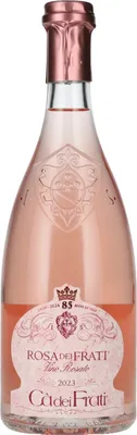 A bottle of pink wine on a white background.
