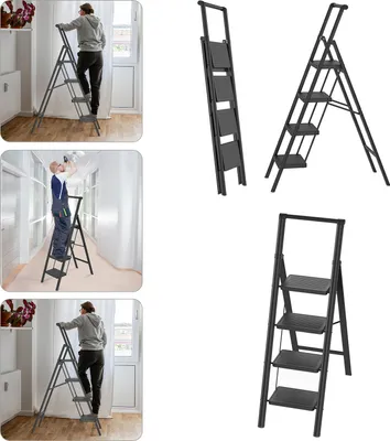 A collage of images showing a person using a step ladder indoors and the step ladder itself from different angles.