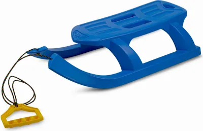 A blue plastic sled with a yellow pull handle and rope, isolated on a white background.