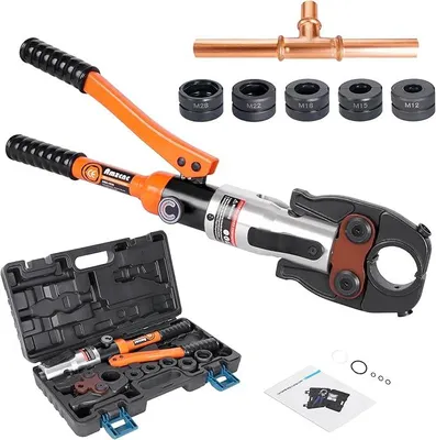 Produktbild von Profi Presszange (hydraulisch) Presswerkzeug M-Kontur 12-15-18-22-28 Set Presswerkzeug HPZ mit 360° drehbarem Kopf,für Kupferrohr, Edelstahlrohr, Edelstahlrohr, Backeneinsätze M