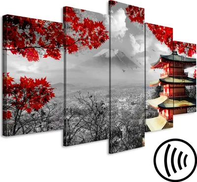 Image de Tableau acoustique Japon 200 x 100 cm Tableaux Mousse acoustique Absorbeur acoustique haute performance Isolation acoustique Toile 5 pièces Tableau mural Acoustique intérieure Isolation acoustique Paysage noir blanc rouge c-C-0241-b-m