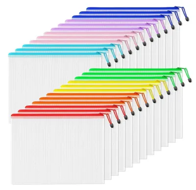 Image de Pochettes de documents A3L, lot de 24, 8 couleurs, imperméables, en mesh, fermeture éclair, en PVC, dimensions : 46 x 33 cm