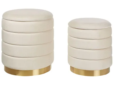 Produktbild von BELIANI Pouf 2er Set Hellbeige Samtstoff Gesteppt Rund mit Stauraum Goldfuß Modern Glamourös für Wohnzimmer Schlafzimmer Flur Garderobe Schminktisch