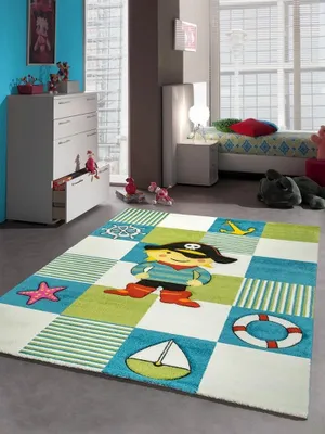 Image de Tapis pour enfants Tapis de jeu pour chambre d'enfants Garçons Tapis Pirate turquoise bleu crème Taille - 160x230 cm