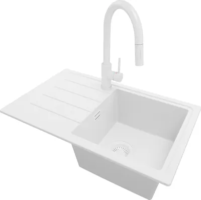 Produktbild von PRIMAGRAN Granitspüle Alles Weiß 70x44cm, Spülbecken 1 Becken + Küchenarmatur 40x20cm + Ablauf-Set, Küchenspüle ab 45er Unterschrank - Kopenhagen Easy