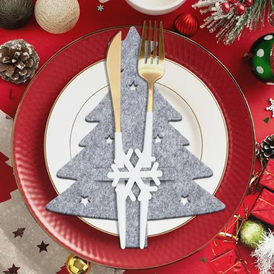 Produktbild von 12 Stück Bestecktasche Weihnachten Filz Grau, Besteckhalter Weihnachten Tischdeko Weihnachten Grau Weihnachtsbaum Schneeflocke Stern, Weihnachtstisch Deko Set Weihnachts Tischdeko