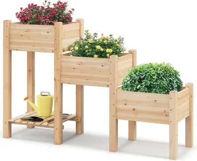 Produktbild von GOPLUS Hochbeet 3 Etagen, Gartenbeet mit Ablage & 6 Abflusslöchern, Kräuterbeet Pflanzbeet für Balkon, Garten & Terrasse, 161 x 43 x 104 cm, Natur