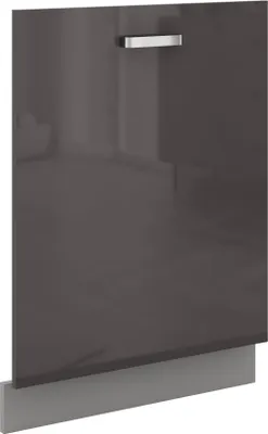 A close-up of a gray, high-gloss dishwasher front panel with a silver handle.