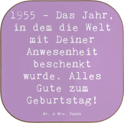 Produktbild von Mr. & Mrs. Panda Untersetzer Glas Spruch 1955 Geburtstag - Lavendeltraum - Geschenk, Alter, für Gläser, Geburtstagsgruß, Geburtstagszitat, Kaffeeuntersetzer, Jubiläum