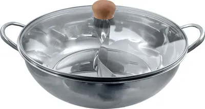 A stainless steel hot pot with a glass lid and a wooden handle is shown against a white background.