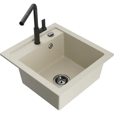 Obrázok produktu pre Mexen Vito granitový jednokomorový drez s kuchynskou batériou Flora, Béžová - 6503-69-670401-70-B