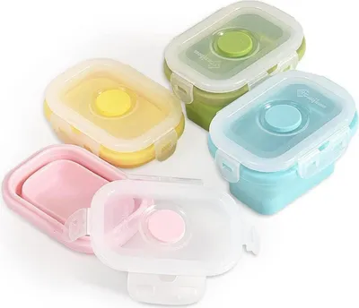 Obrázok produktu pre Skladacia silikónová nádoba na potraviny s nacvakávacím viečkom, bez BPA, 150 ml, balenie po 4 kusoch - stohovateľná a šetrí miesto