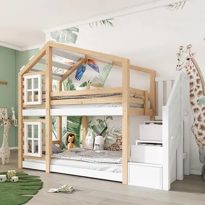 Produktbild von STILVORA 90x200 Etagenbett mit Fenster und Stauraumtreppen,Kinderbett in Hausform mit Speicherung und Rausfallschutz,Jugendbett mit Geländer,Ohne Matratze,Weiß